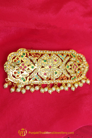 Gold Finished Navratan Pearl Jadau Clip Hair Accessories By Punjabi Traditional Jewellery